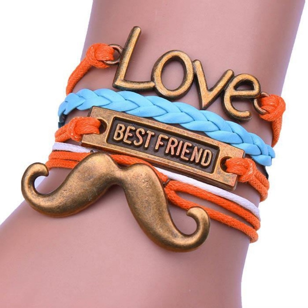 Boho Love Mustache BFF Leather Charm Bracelet